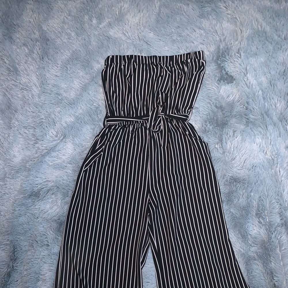 Strapless striped pant romper!